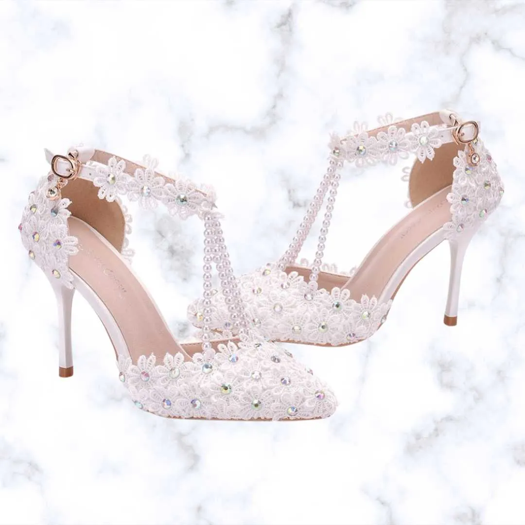 Handmade Designer White Gladiator-Style Bridal High Heels with Rhinestones, Lace, Tassels, and Beads