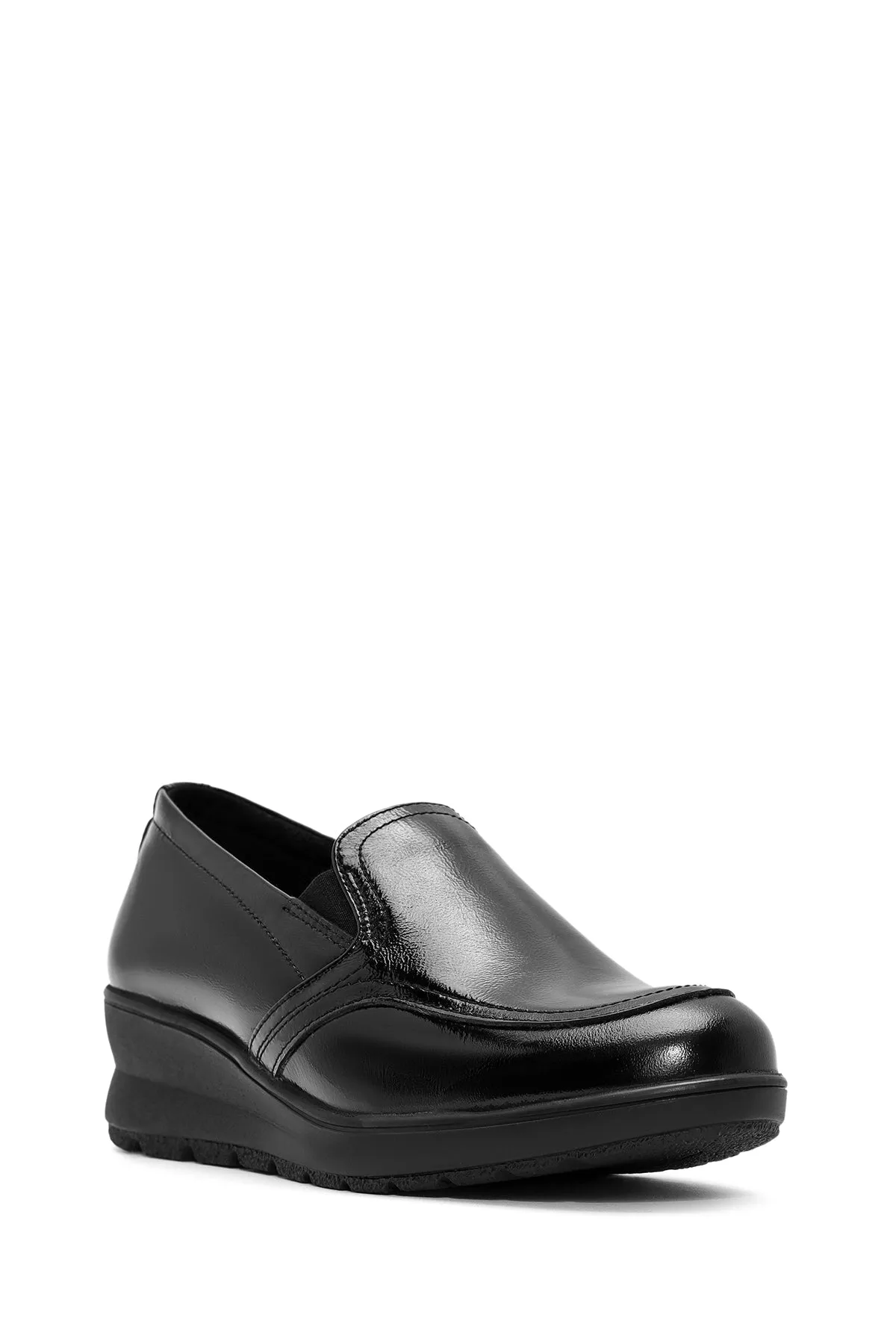 Kadın Siyah Dolgu Topuklu Rugan Deri Comfort Loafer
