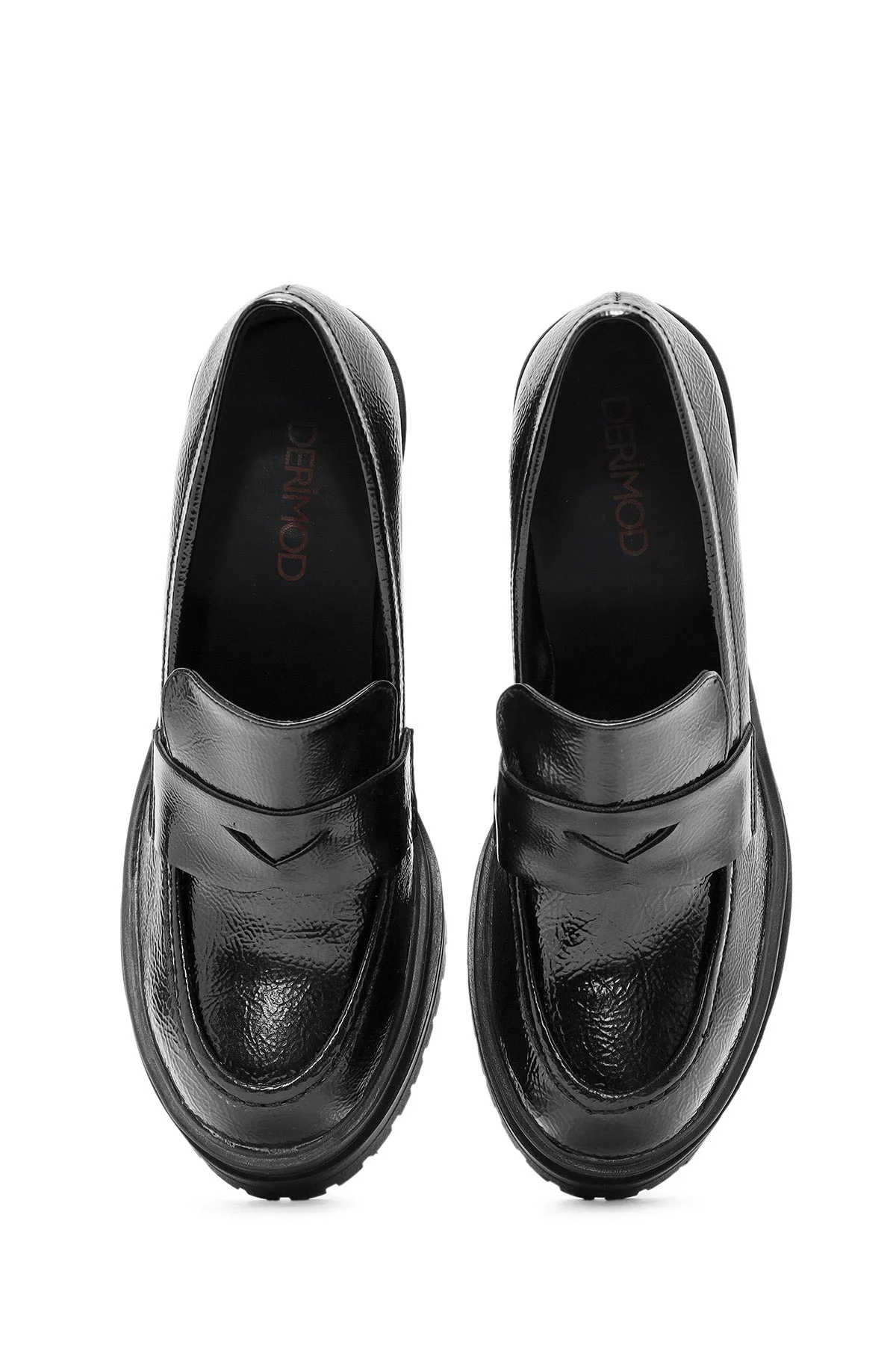 Kadın Siyah Kalın Topuklu Rugan Maskülen Loafer
