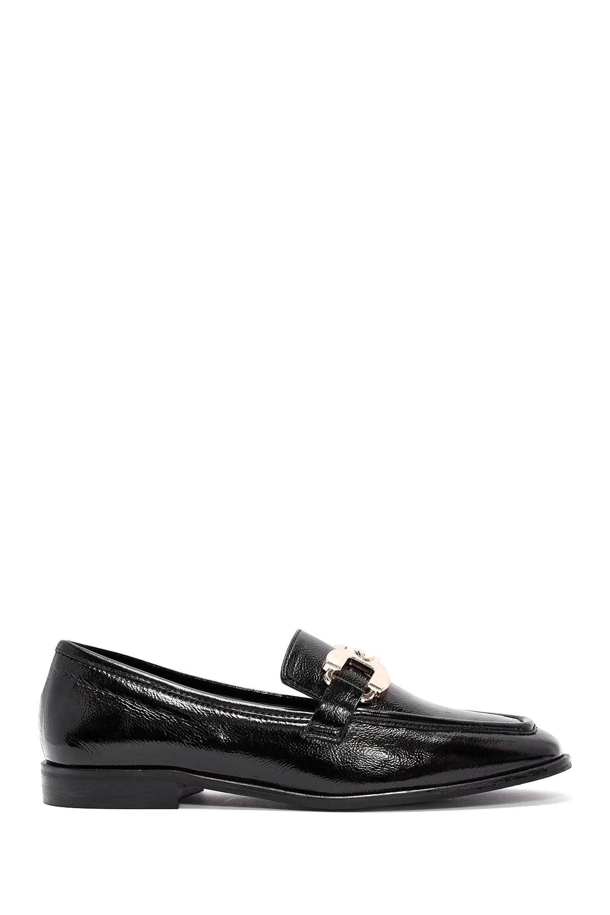 Kadın Siyah Toka Detaylı Deri Maskülen Loafer