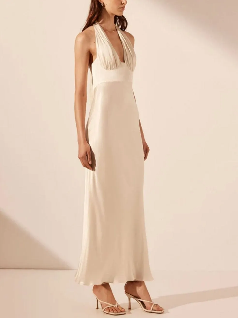 La Lune Plunged Halter Midi Dress in Cream