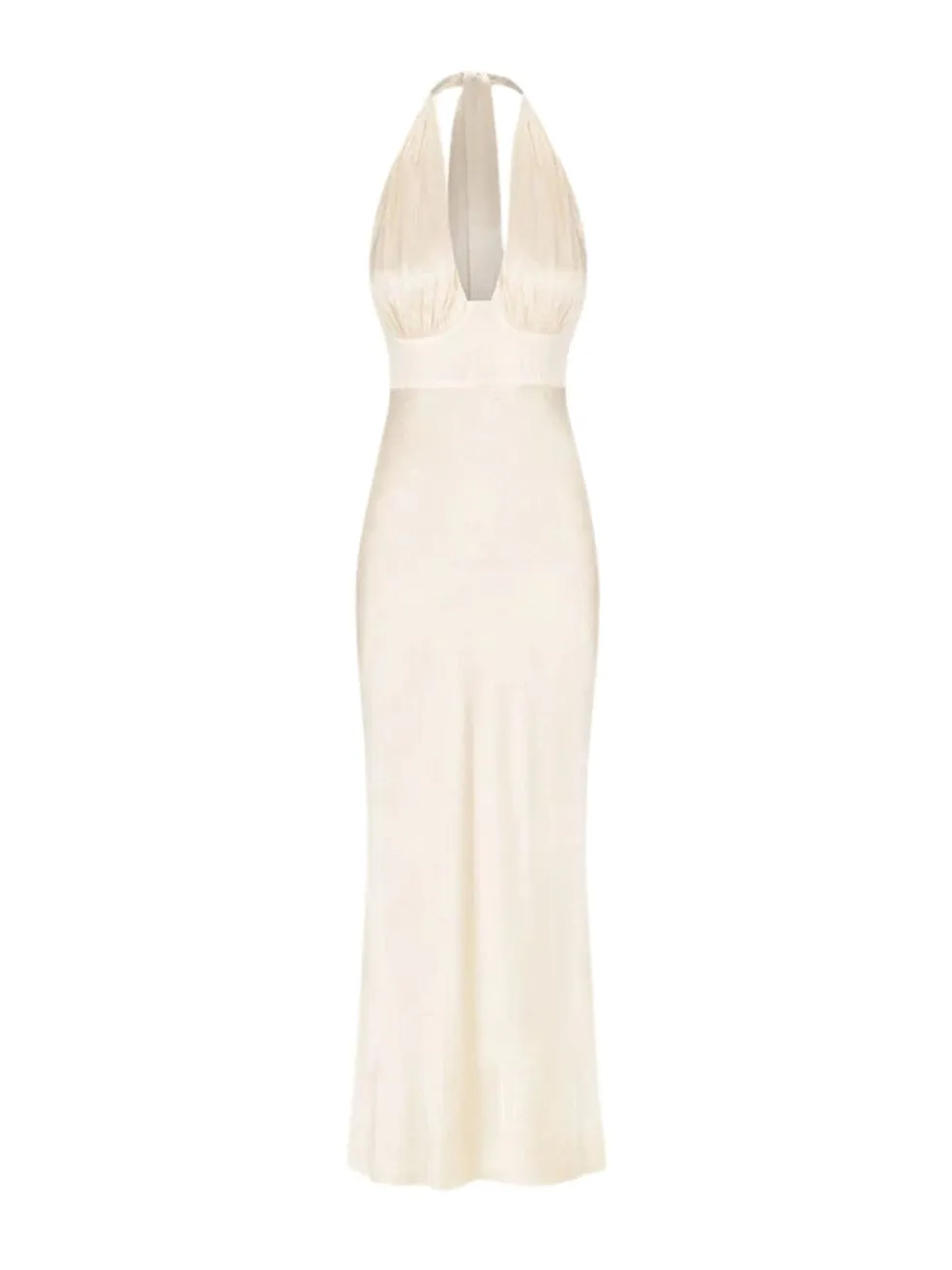 La Lune Plunged Halter Midi Dress in Cream