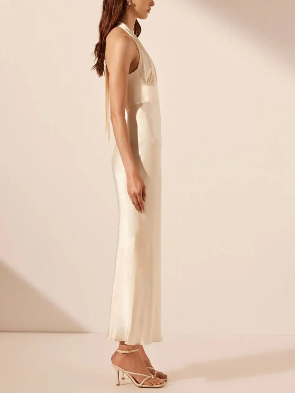 La Lune Plunged Halter Midi Dress in Cream