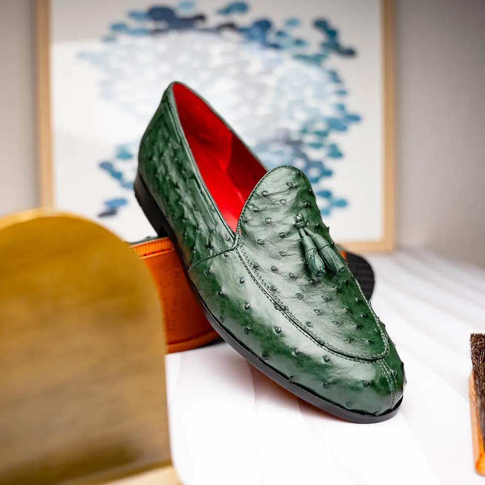 Marco Di Milano Aubiere in Forest Green Ostrich Quill Tassel Loafers