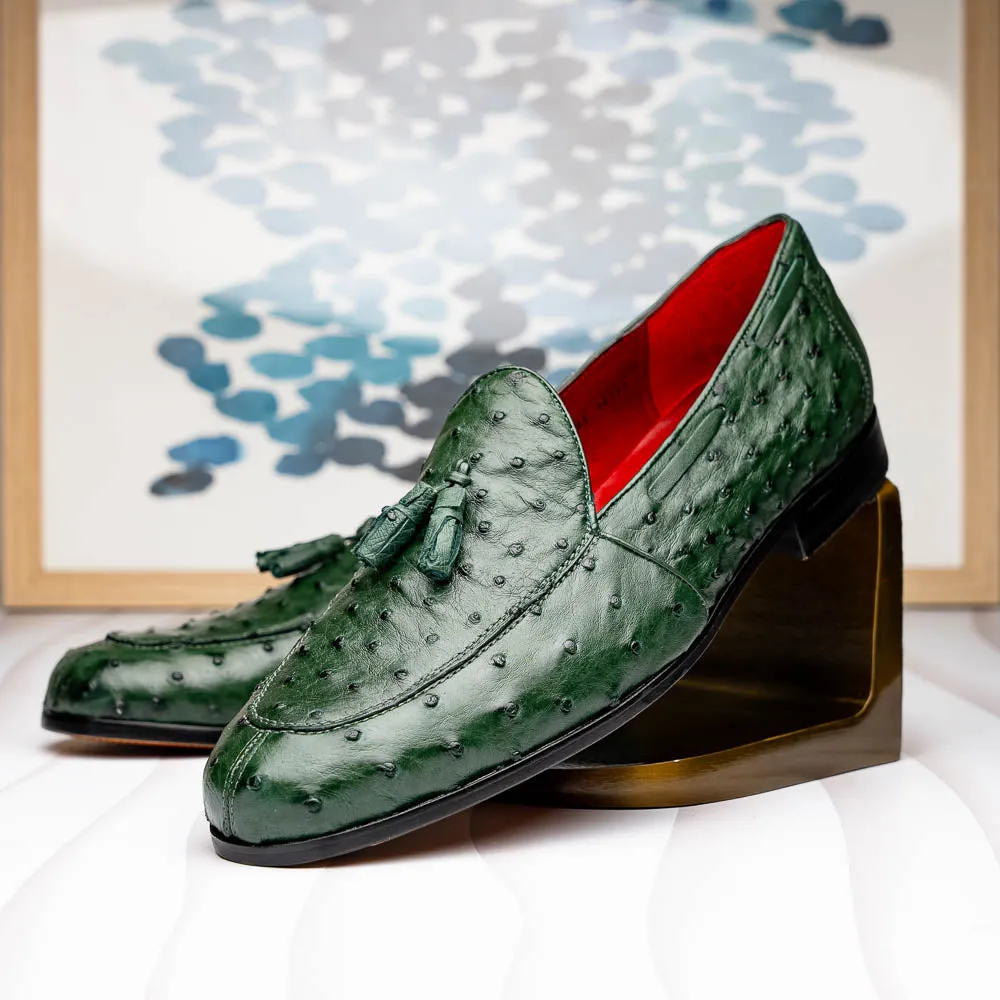 Marco Di Milano Aubiere in Forest Green Ostrich Quill Tassel Loafers