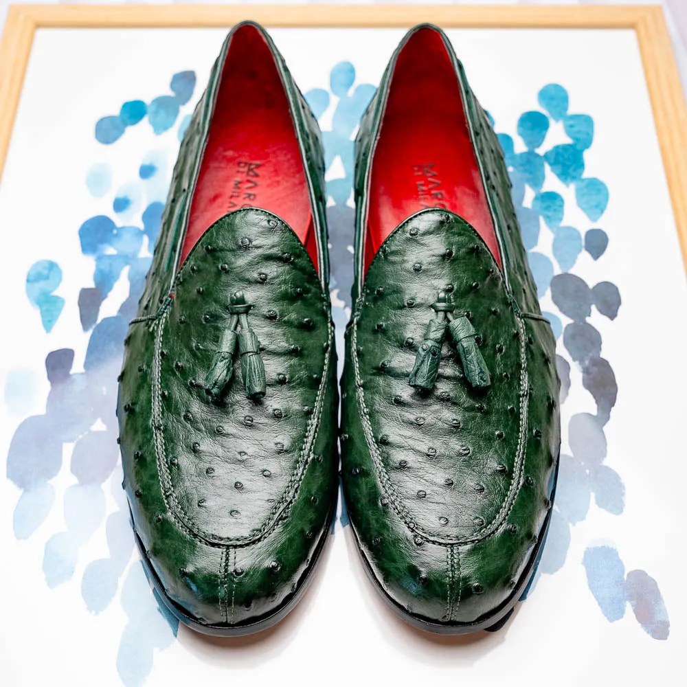Marco Di Milano Aubiere in Forest Green Ostrich Quill Tassel Loafers