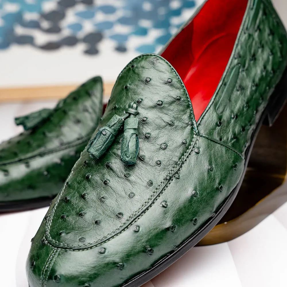 Marco Di Milano Aubiere in Forest Green Ostrich Quill Tassel Loafers