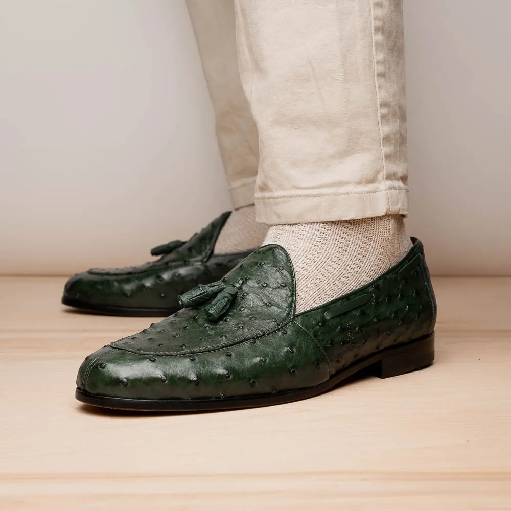 Marco Di Milano Aubiere in Forest Green Ostrich Quill Tassel Loafers