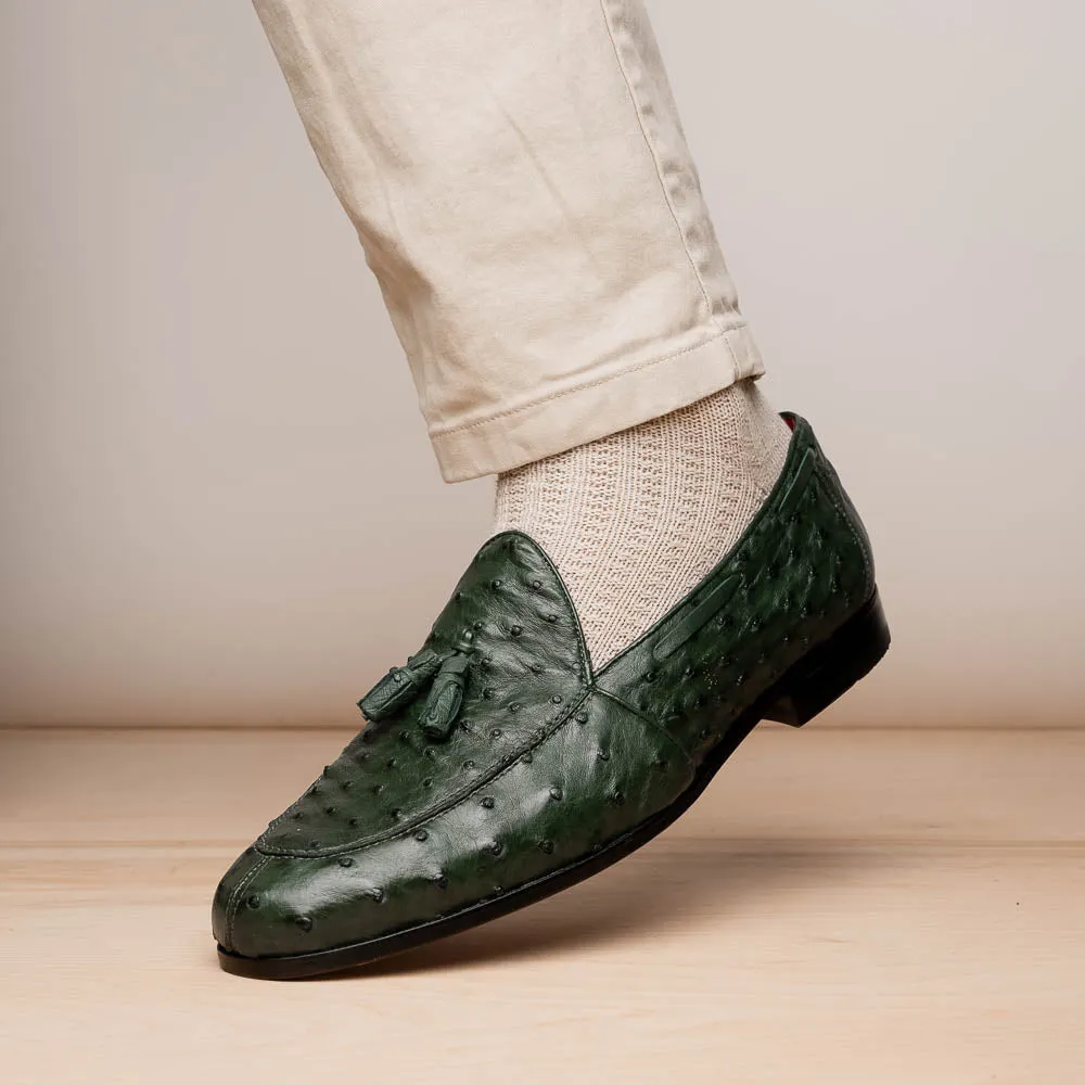 Marco Di Milano Aubiere in Forest Green Ostrich Quill Tassel Loafers