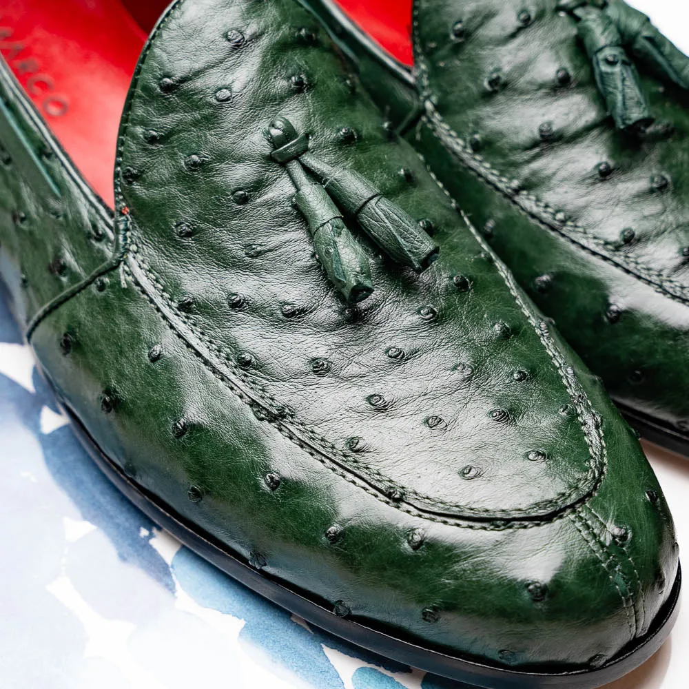 Marco Di Milano Aubiere in Forest Green Ostrich Quill Tassel Loafers