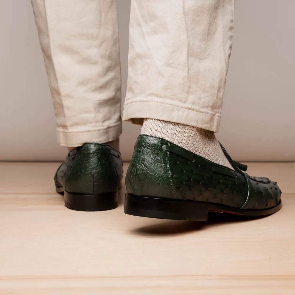 Marco Di Milano Aubiere in Forest Green Ostrich Quill Tassel Loafers