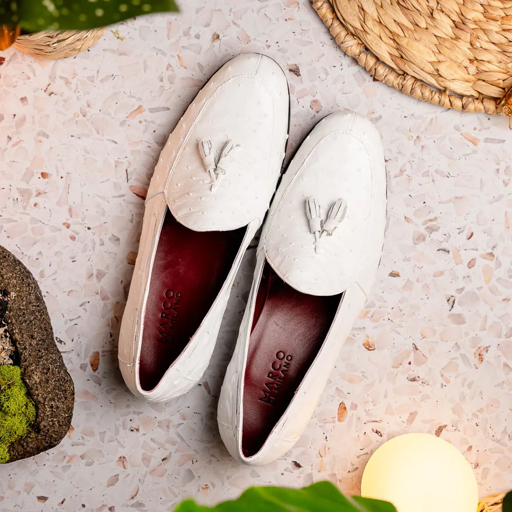 Marco Di Milano Aubiere in White Ostrich Tassel Loafers