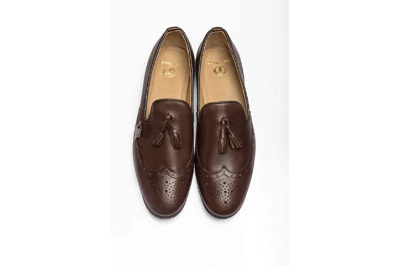 Men's Brown Brogue Tassel Loafers Genuine Leather