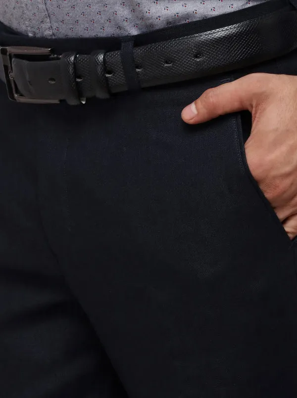 Navy Blue Solid Slim Fit Formal Trouser | JB Studio