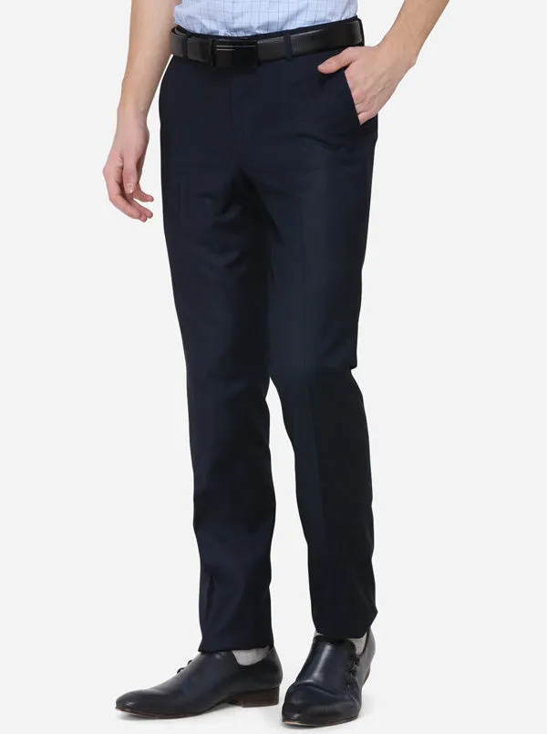 Navy Blue Solid Slim Fit Formal Trouser | Metal