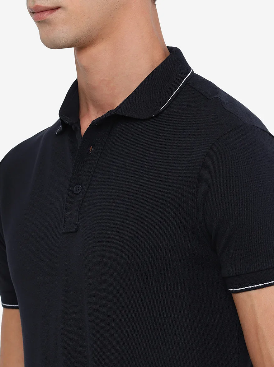 Navy Blue Solid Slim Fit Polo T-Shirt | JadeBlue