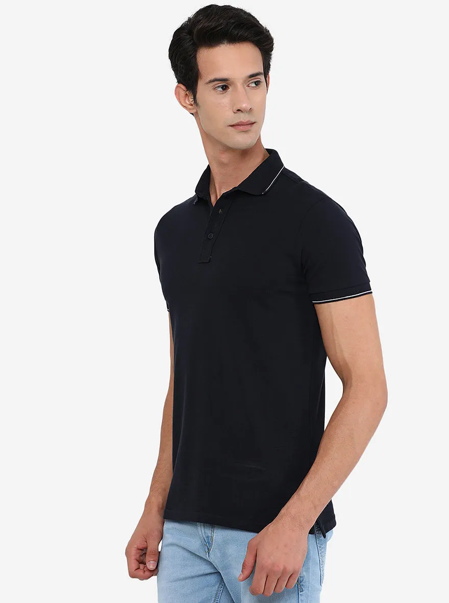 Navy Blue Solid Slim Fit Polo T-Shirt | JadeBlue