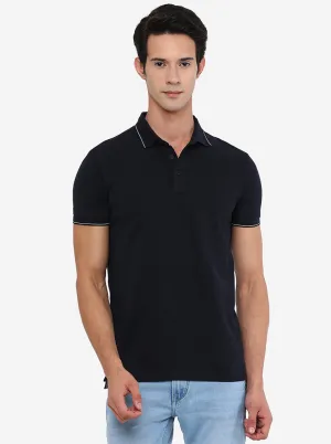 Navy Blue Solid Slim Fit Polo T-Shirt | JadeBlue