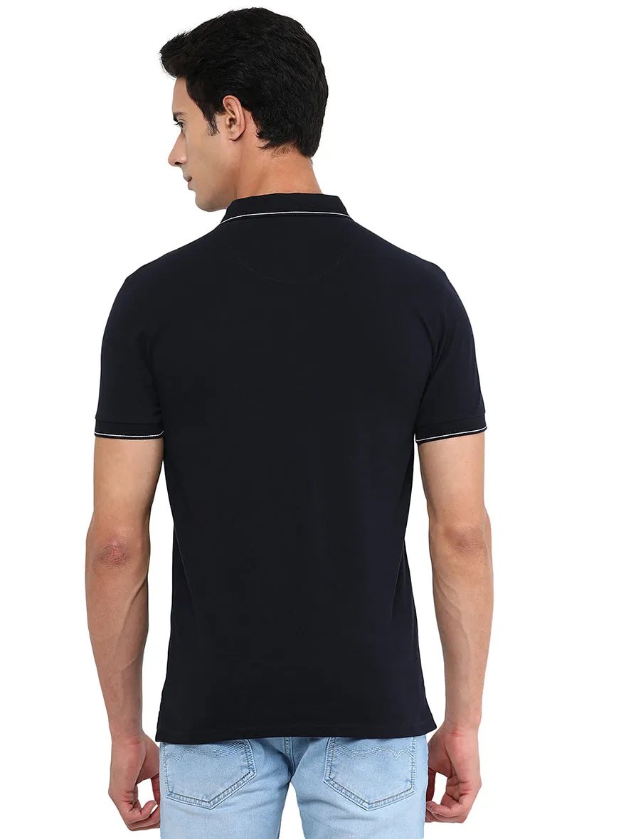 Navy Blue Solid Slim Fit Polo T-Shirt | JadeBlue