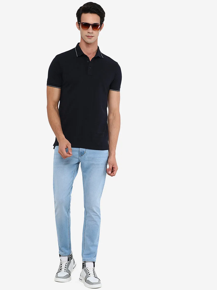 Navy Blue Solid Slim Fit Polo T-Shirt | JadeBlue
