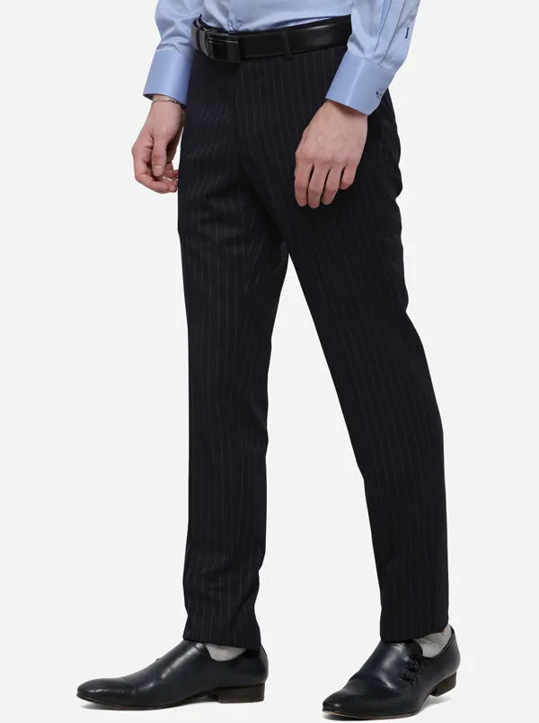 Navy Blue Striped Super Slim Fit Formal Trouser | JadeBlue