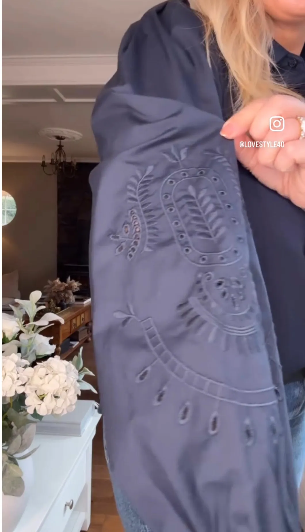 Navy Embroidery Anglaise Sleeve Blouse