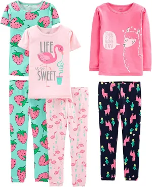 New Simple Joys by Carter's Girls' 6-Piece Snug Fit Cotton Pajama Set, Sz 5!