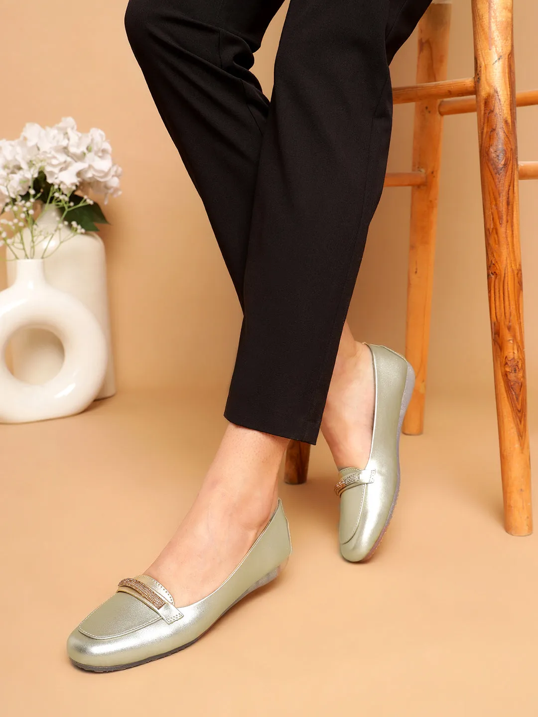 Pale Gold PU Stylish Slip-On Flat Loafers (TC-1217-PGLD)