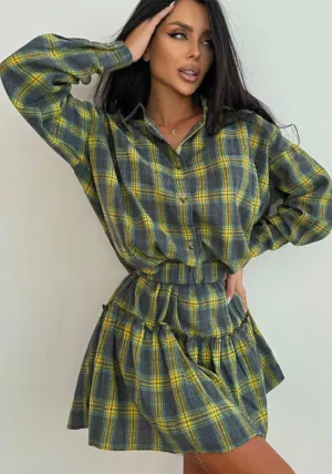 Playful Plaid Long-Sleeve Shirt and Pleated Skirt Two-Piece Set
