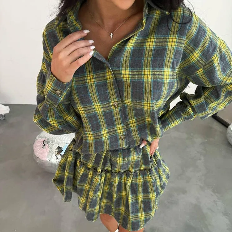 Playful Plaid Long-Sleeve Shirt and Pleated Skirt Two-Piece Set