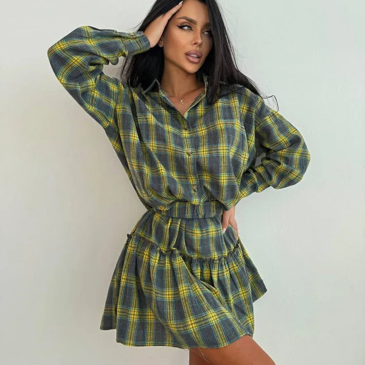 Playful Plaid Long-Sleeve Shirt and Pleated Skirt Two-Piece Set