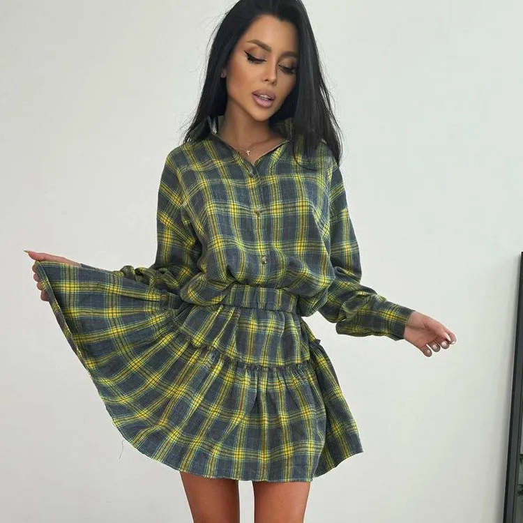 Playful Plaid Long-Sleeve Shirt and Pleated Skirt Two-Piece Set