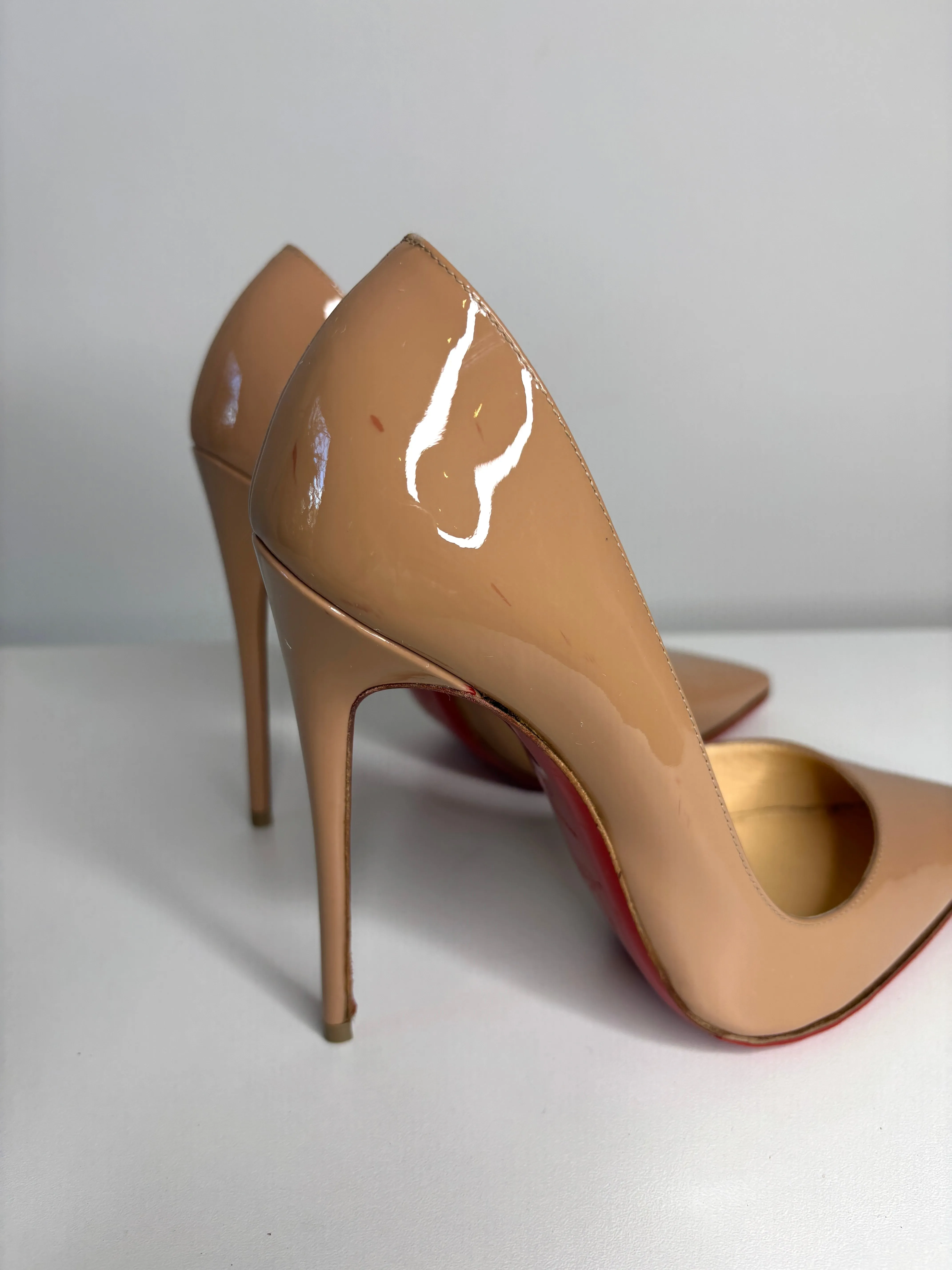 Pre-loved Christian Louboutin So Kate 120 Nude Patent Heels 38 UK5
