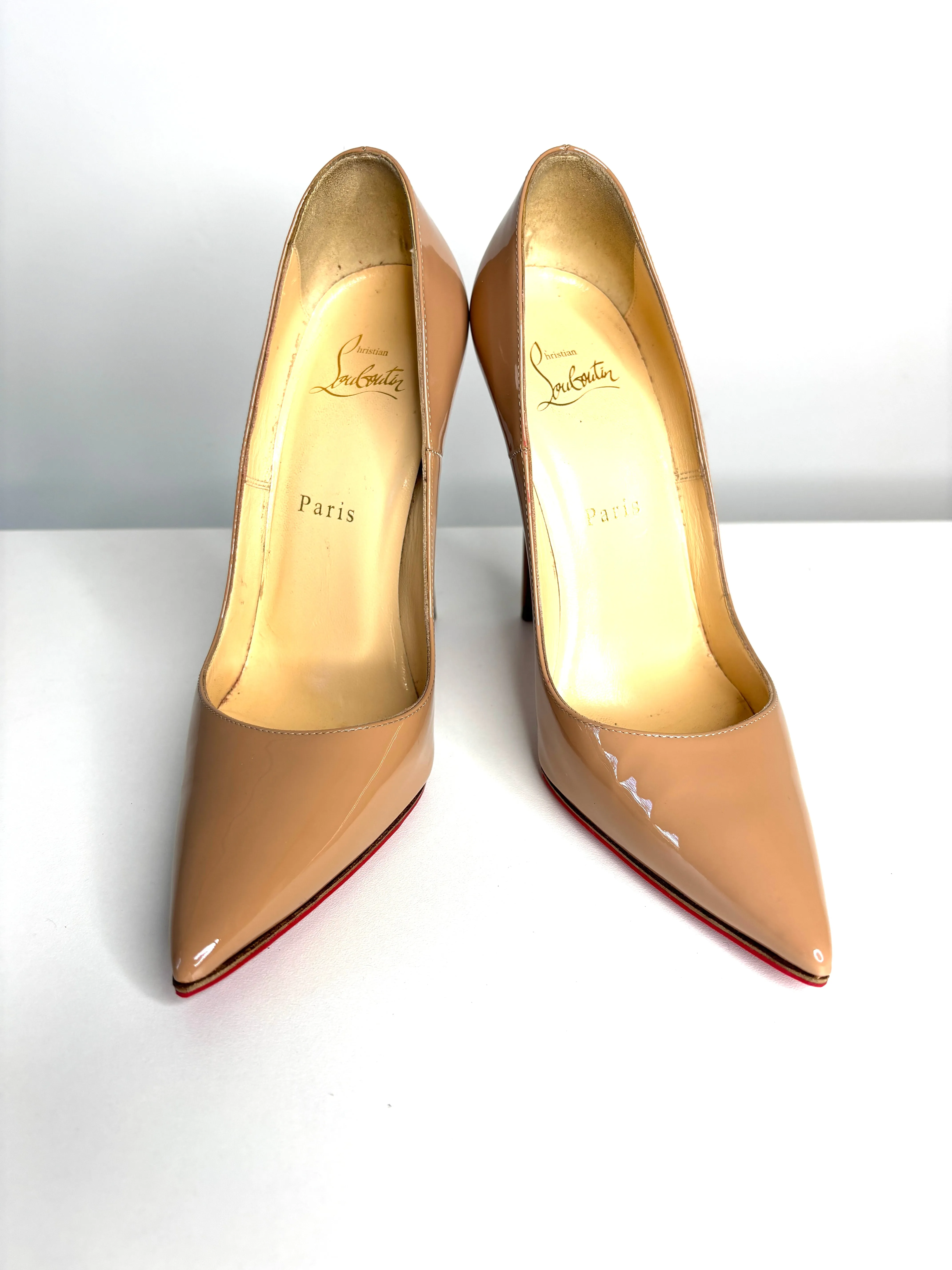 Pre-loved Christian Louboutin So Kate 120 Nude Patent Heels 38 UK5