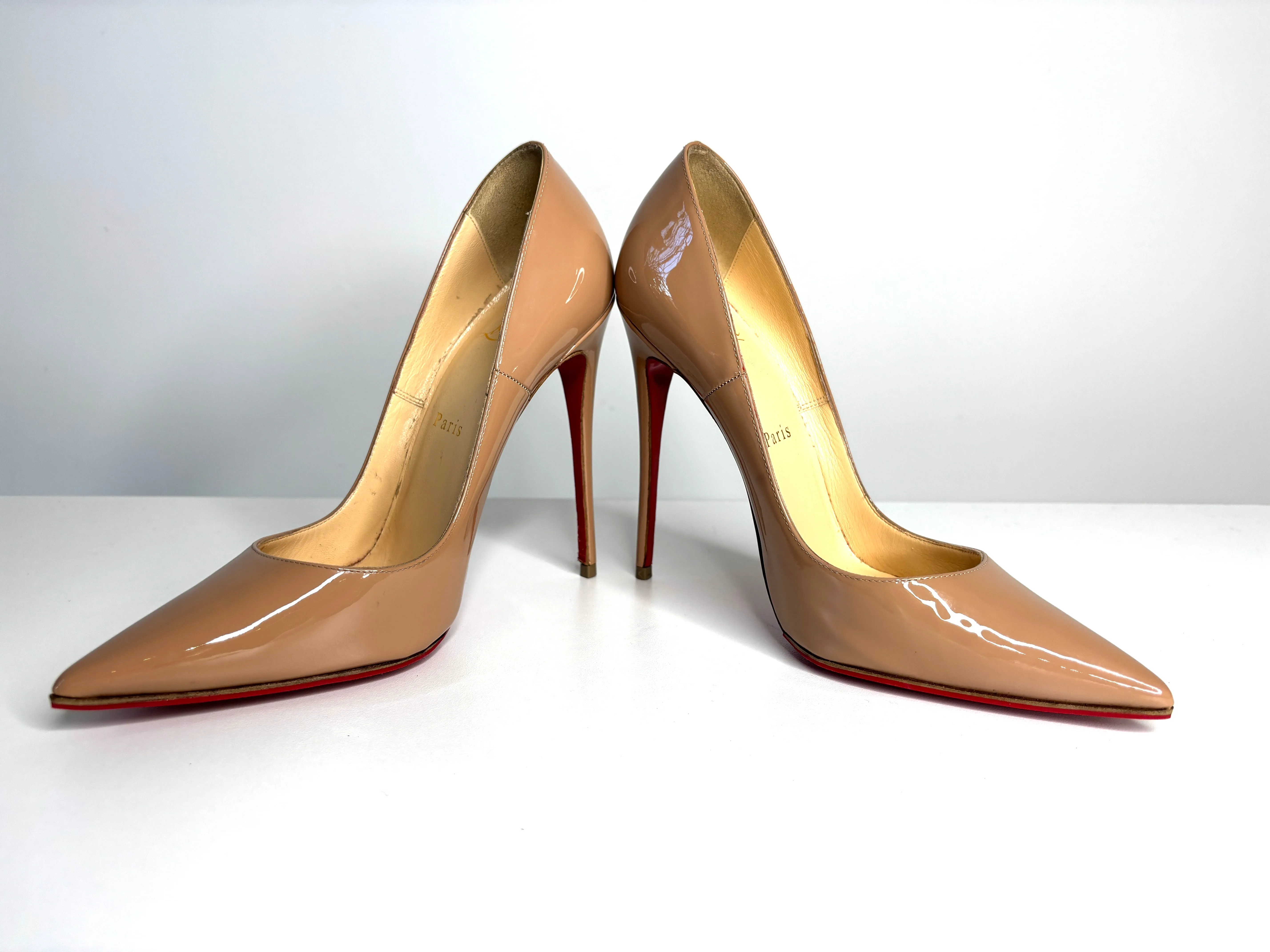 Pre-loved Christian Louboutin So Kate 120 Nude Patent Heels 38 UK5