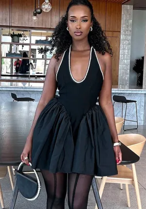 Radiant Elegance Rhinestone-Trimmed U-Neck Halter Mini Dress