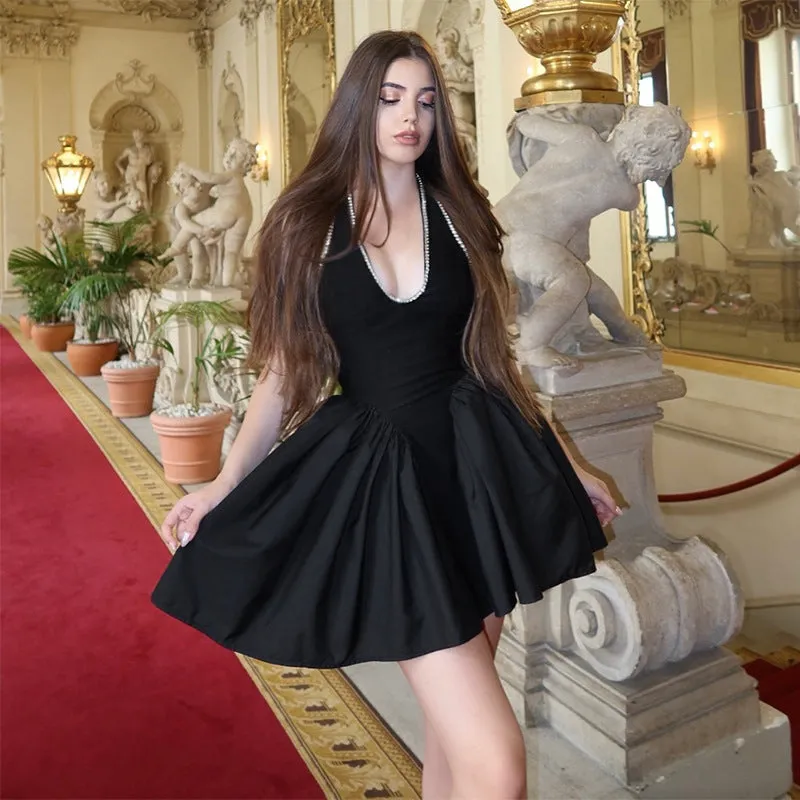Radiant Elegance Rhinestone-Trimmed U-Neck Halter Mini Dress