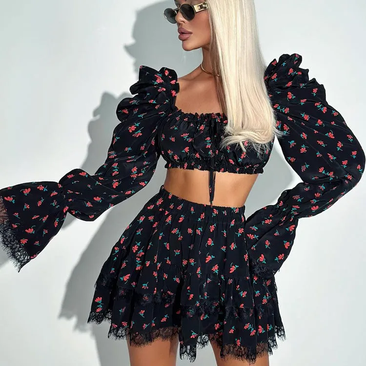 Romantic Floral Puff Sleeve Crop Top and Ruffle Skirt Set