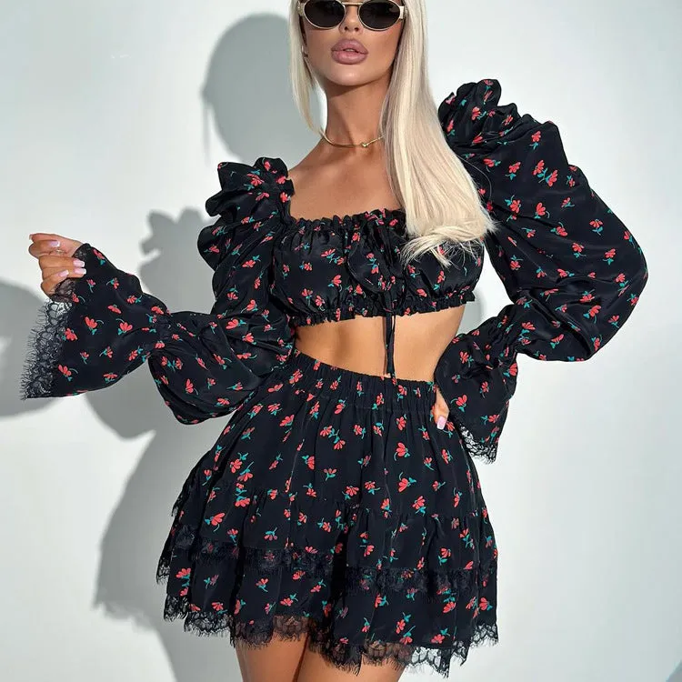 Romantic Floral Puff Sleeve Crop Top and Ruffle Skirt Set