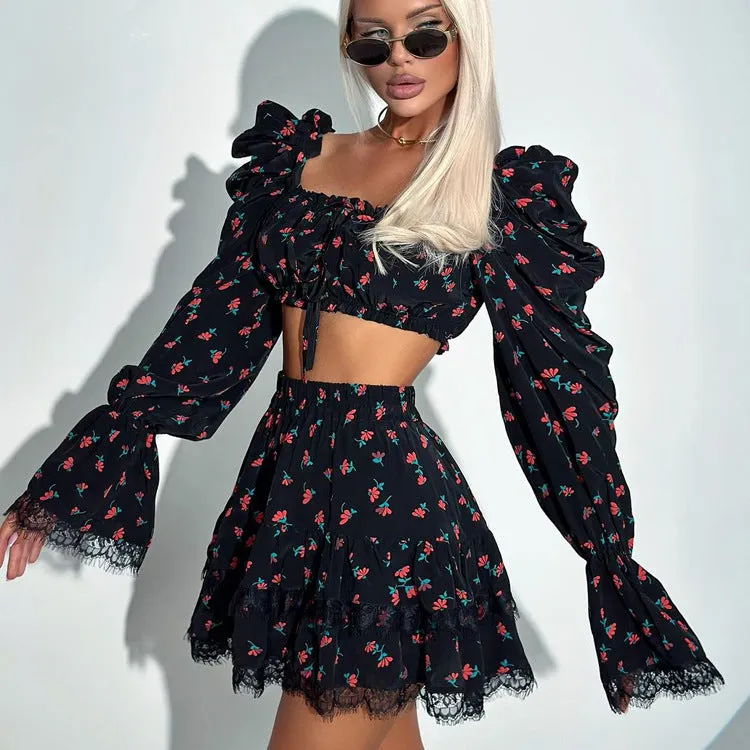 Romantic Floral Puff Sleeve Crop Top and Ruffle Skirt Set