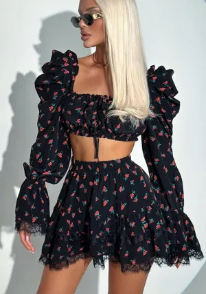 Romantic Floral Puff Sleeve Crop Top and Ruffle Skirt Set