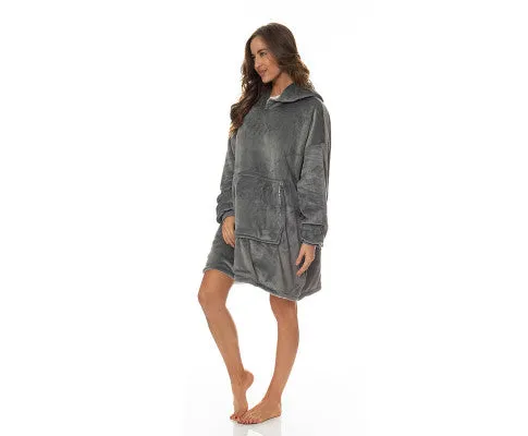 Royal Comfort Snug Hoodie Nightwear Super Soft Reversible Coral Fleece 750GSM One Size Grey