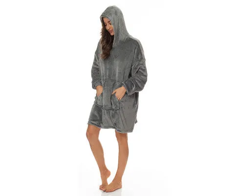 Royal Comfort Snug Hoodie Nightwear Super Soft Reversible Coral Fleece 750GSM One Size Grey