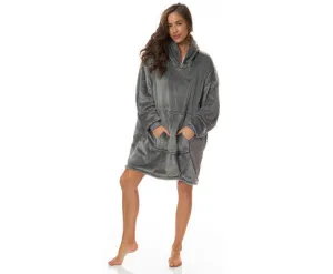 Royal Comfort Snug Hoodie Nightwear Super Soft Reversible Coral Fleece 750GSM One Size Grey
