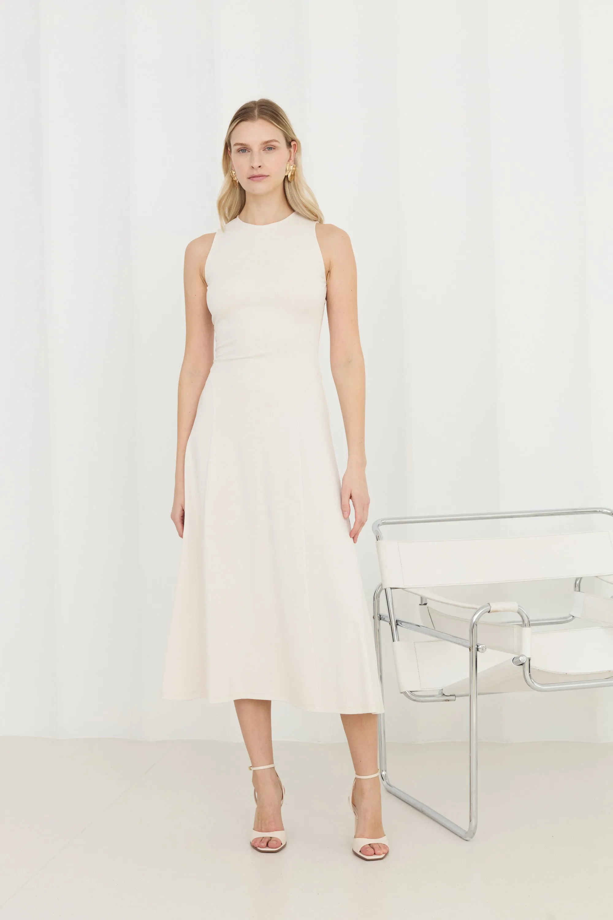SEBA Off-White Bodycon Midi Dress with Flared Skirt