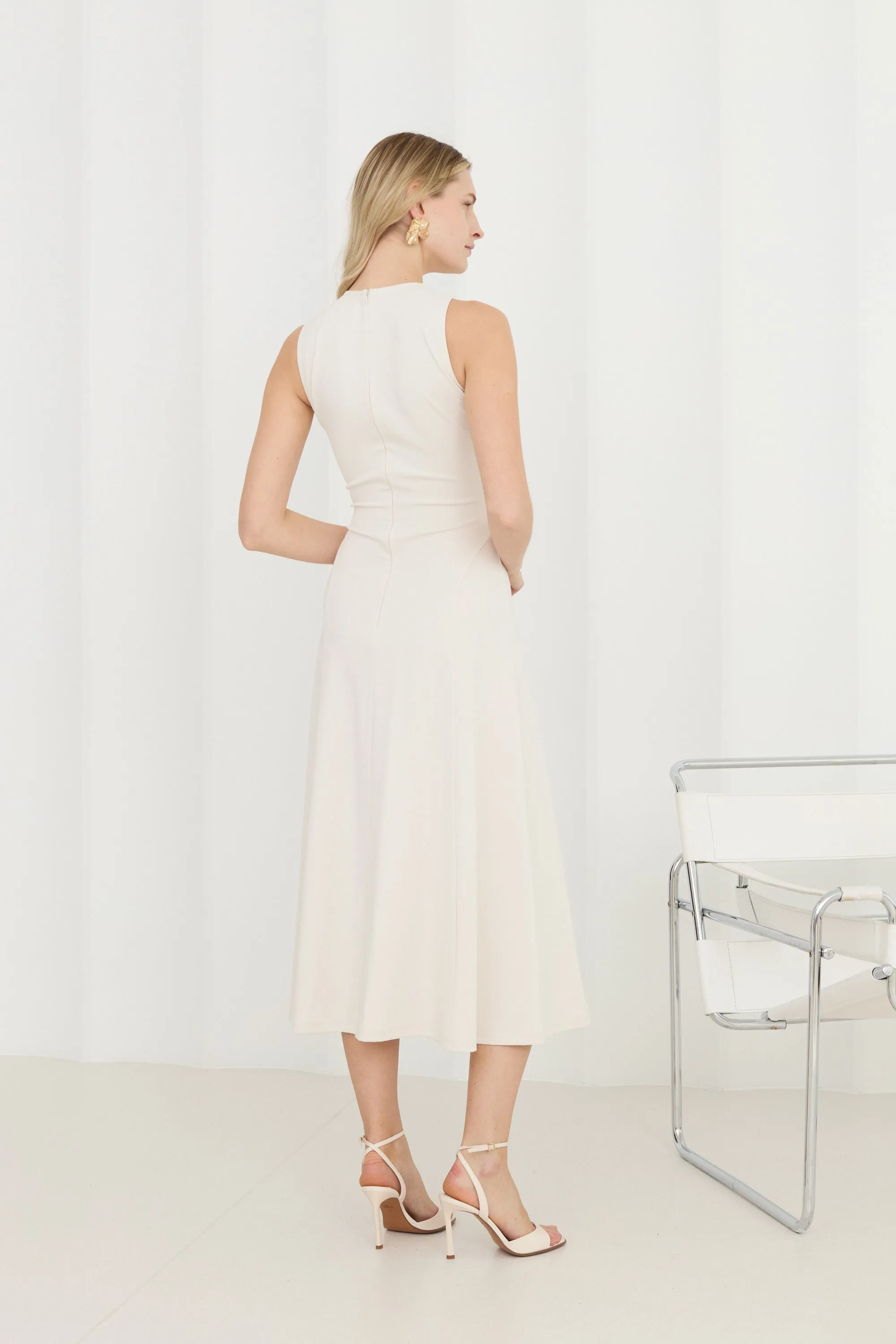 SEBA Off-White Bodycon Midi Dress with Flared Skirt