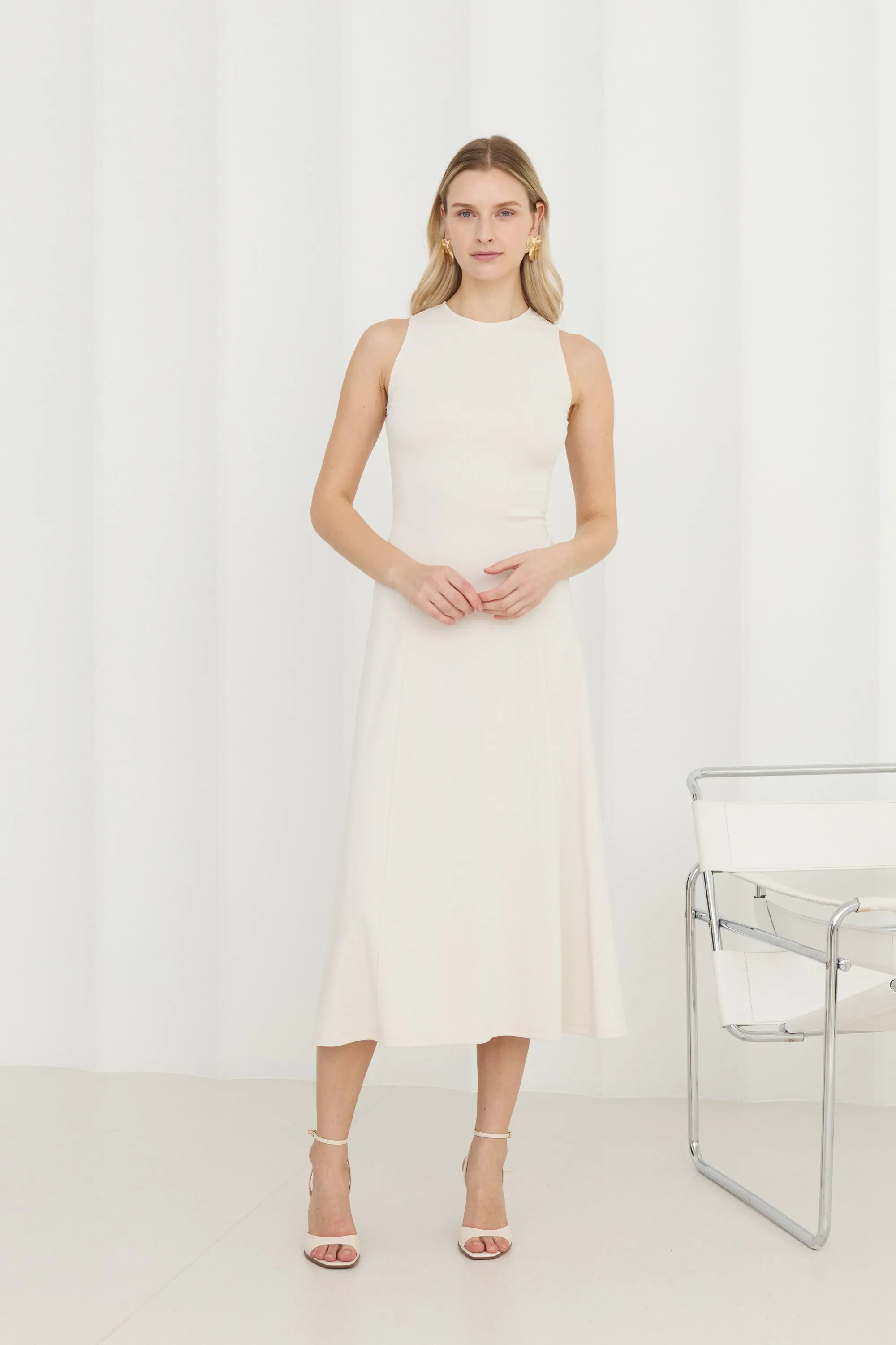 SEBA Off-White Bodycon Midi Dress with Flared Skirt