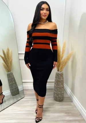 Sophisticated Off-Shoulder Striped Midi Dress with Long Sleeves