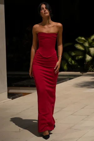 Strapless Corset Top Maxi Skirt Slim Fit Matching Set-Burgundy [Pre Order]