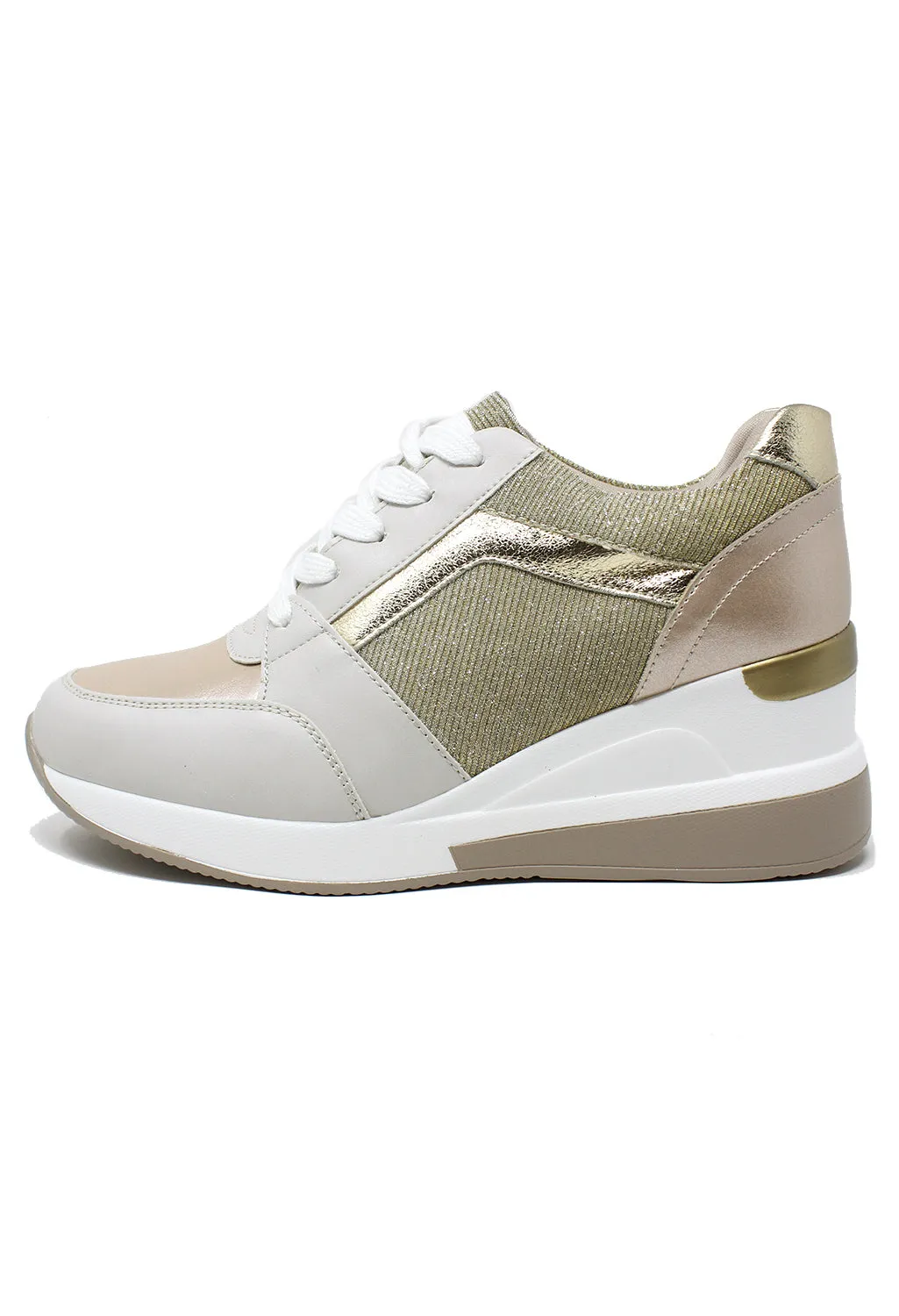 Stylish Beige Laced Trainer with Glitter panels